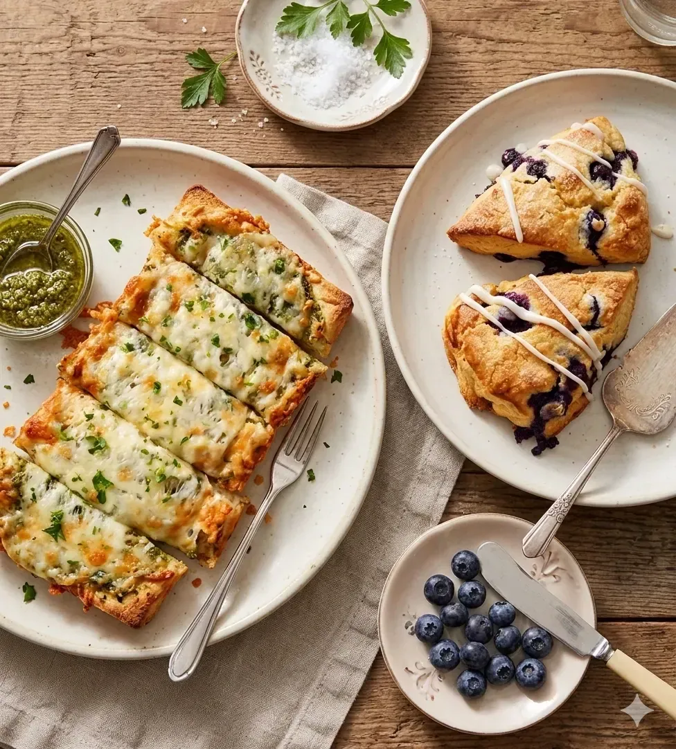 Tostas salgadas gratinadas e scones com mirtilos