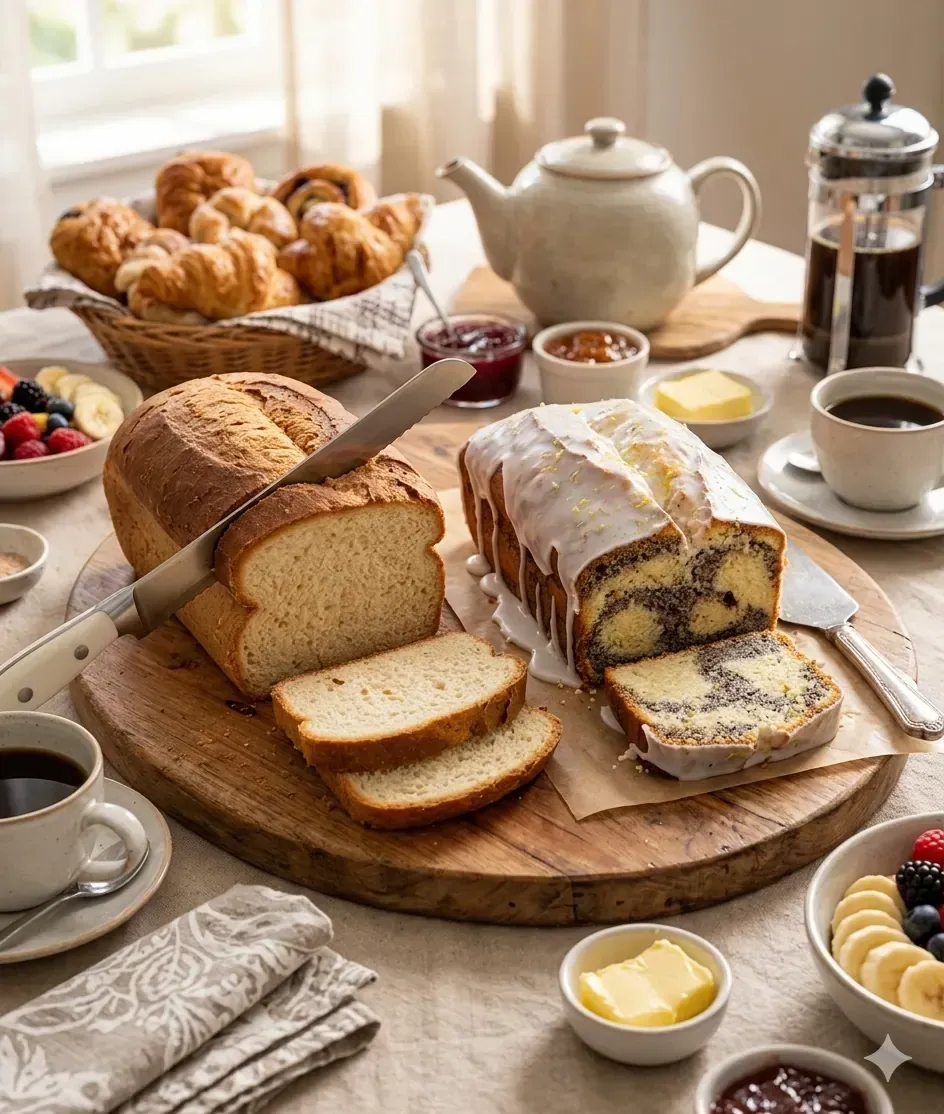 Pão caseiro e bolo fatiado numa mesa de pequeno-almoço