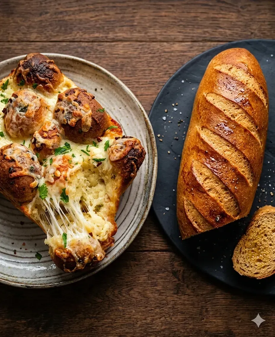 Pão recheado gratinado e baguete artesanal